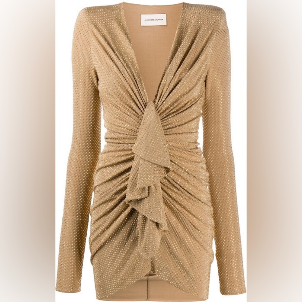 Alexandre Vauthier Crystal Ruched Mini Dress Gold/ Tan FR36